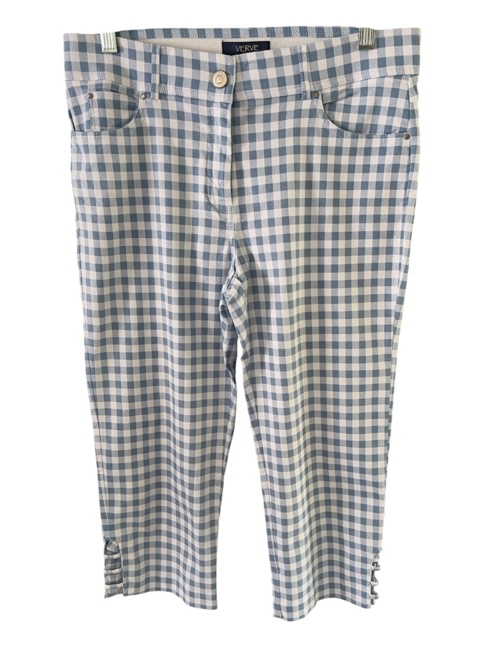 Verve Blues Blue White Gingham Capri Pants Strappy Leg Detail - Size 12